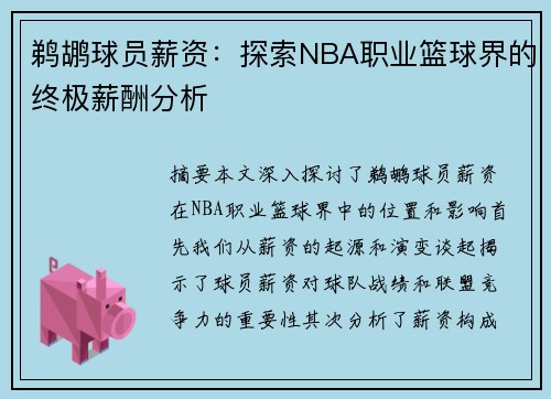 鹈鹕球员薪资：探索NBA职业篮球界的终极薪酬分析